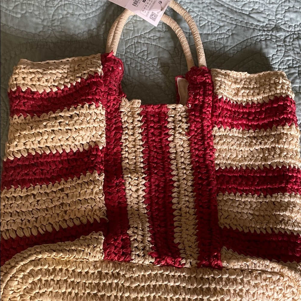 Zara Red and Cream Woven Tote